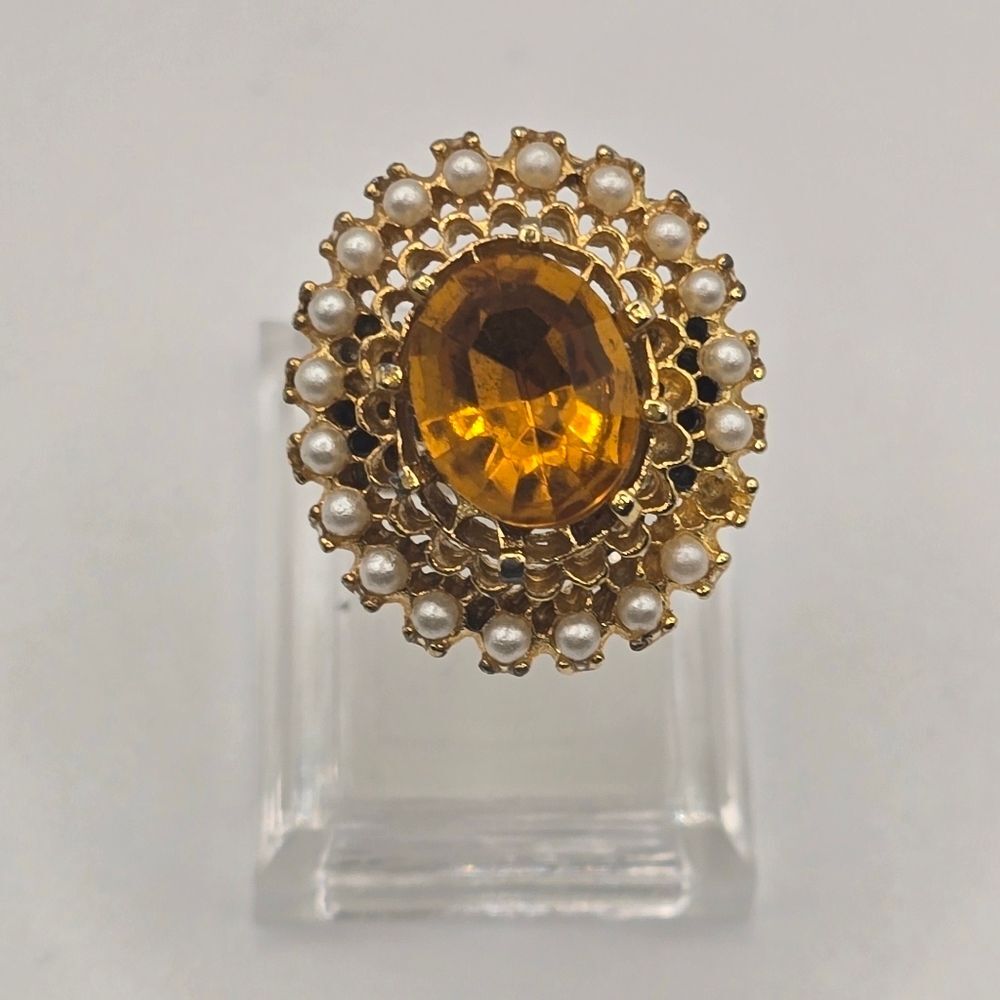 Vintage Amber Crystal Rhinestone Faux Pearl Ring Band Size Adjustable Gold Tone